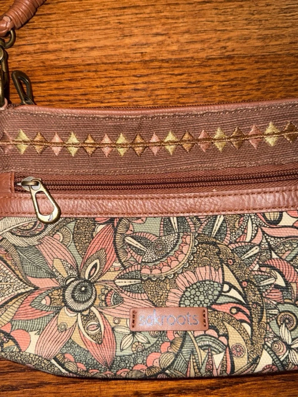 Sakroots Brown Floral Canvas Wristlet with Pink & Cream Accents